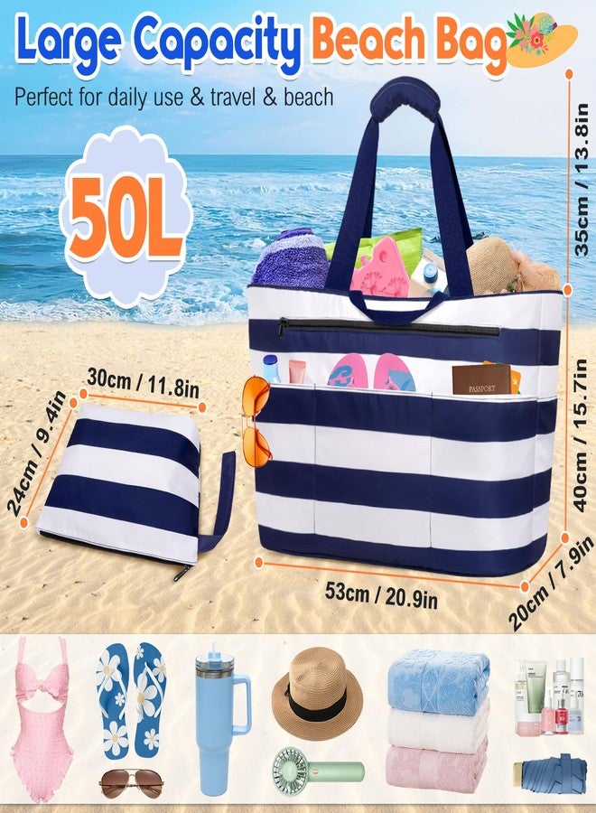 BKNOOU Extra Large Beach Bags Waterproof Sandproof XL Beach Tote Bag for Women Zipper Foldable Swim Pool Bag with Wet Pocket (Blue White) - Image 4